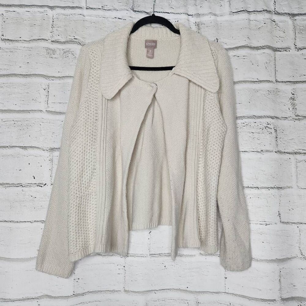 Chico's Womens Beige One Button Long Sleeve Knit Cardigan Sweater Sz 2 Large 12